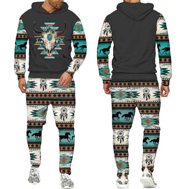 New Men 2 Pieces Tracksuit National Cow Skull 3D Print Casual Hoodies Sweatpants Sets Fashion Hip Hop Street Clothing Suits