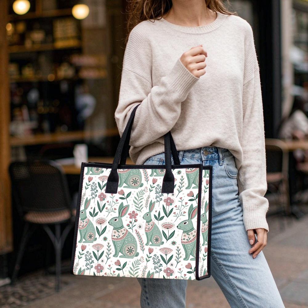 Cute Rabbit Floral Pattern Tote Bag Casual Portable Shopping Handbag for Daily Use