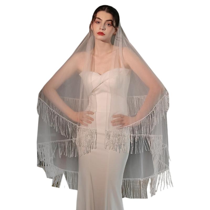 

Classical White Wedding Veils Double Layer Tulle Headpiece With Flowing Fringe Design For Bridal Photoshoots Reception 1 белый