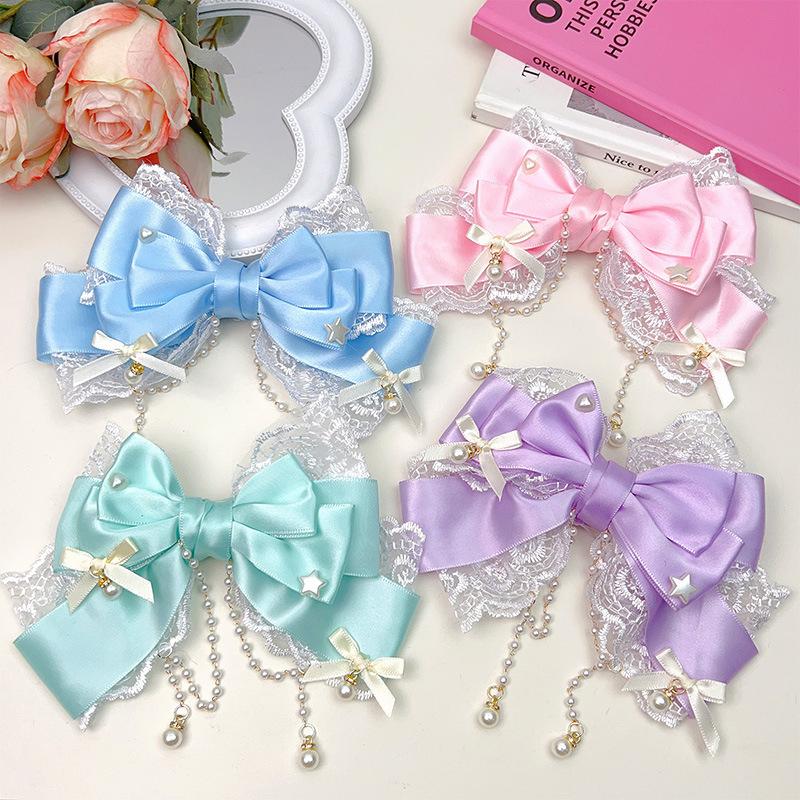 Cute Solid Bow Lace Pearls Chain Hair Clip For Girls Sweet Hair Ornament Princess Headband Hairpin Fashion Hair Accessories