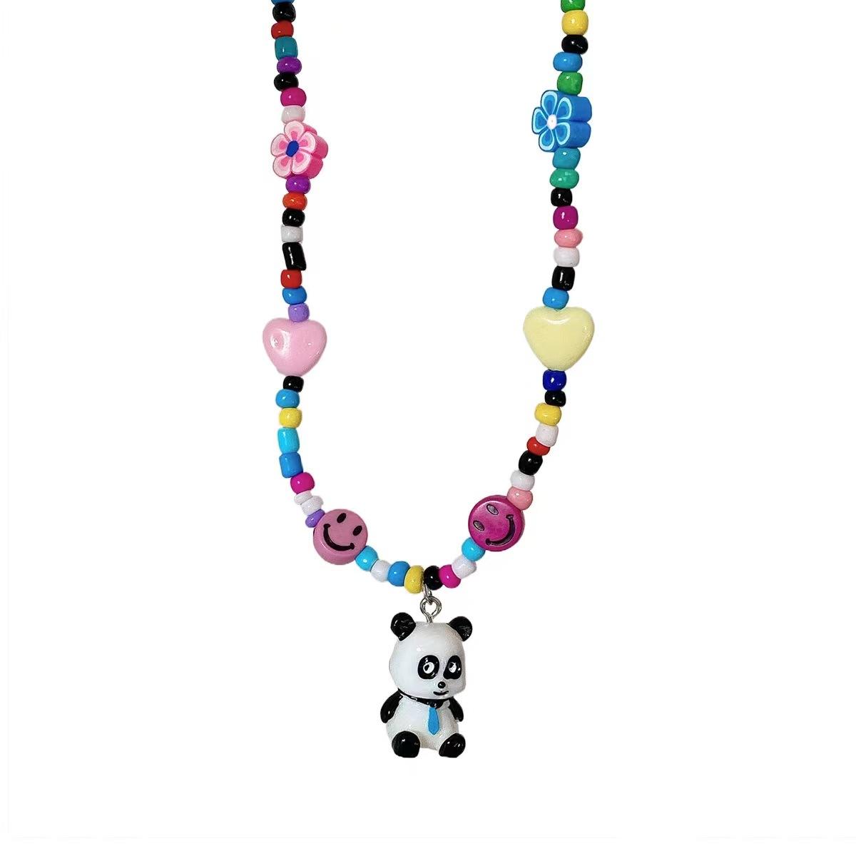 

New colorful beads cartoon rainbow panda necklace personalized female cream sweet girl accessories cute cool sweet jewelry collarbone chain
