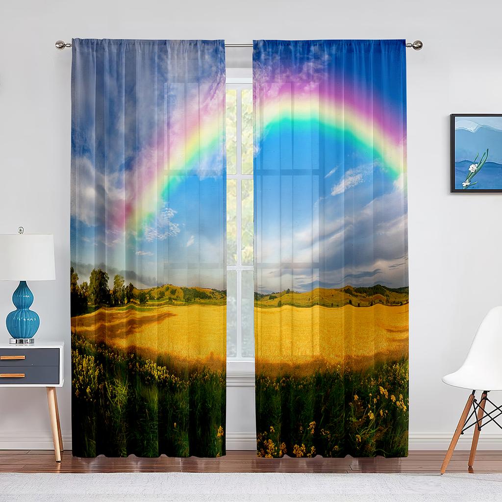 Idyllic Spring Meadow On The Mountains with Flowers Rainbow Sheer Voile Curtains for Living Room Kitchen Window Tulle Curtain