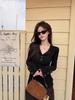 Black Spicy Girl Style Half-Open Collar Long Sleeve Slimming T-Shirt for Women - Autumn Flattering Top