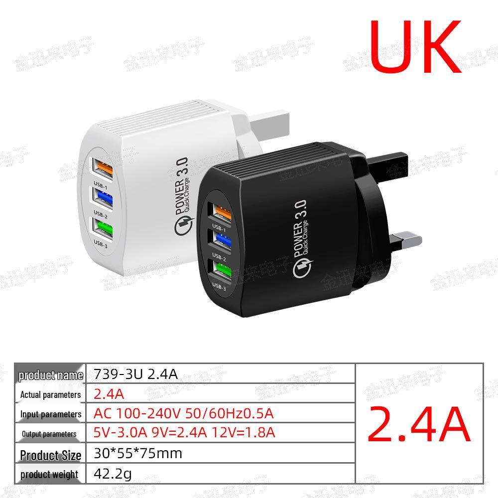 QC3.0 3-USB Multi-Port Charger: 2.4A Fast Charging Head for EU, US, UK Standards.