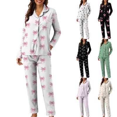 Women's Casual Fashion Loose-Fit Bow Print Long-Sleeved Trousers Homewear Set