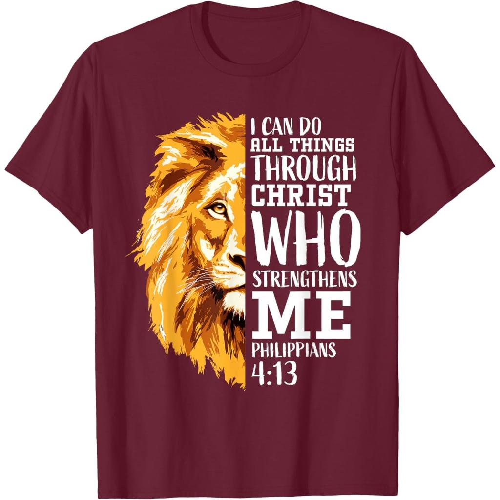 Lion Faith Graphic Tee Philippians 4 13 Christian Bible Verse Mens Cotton Tshirt
