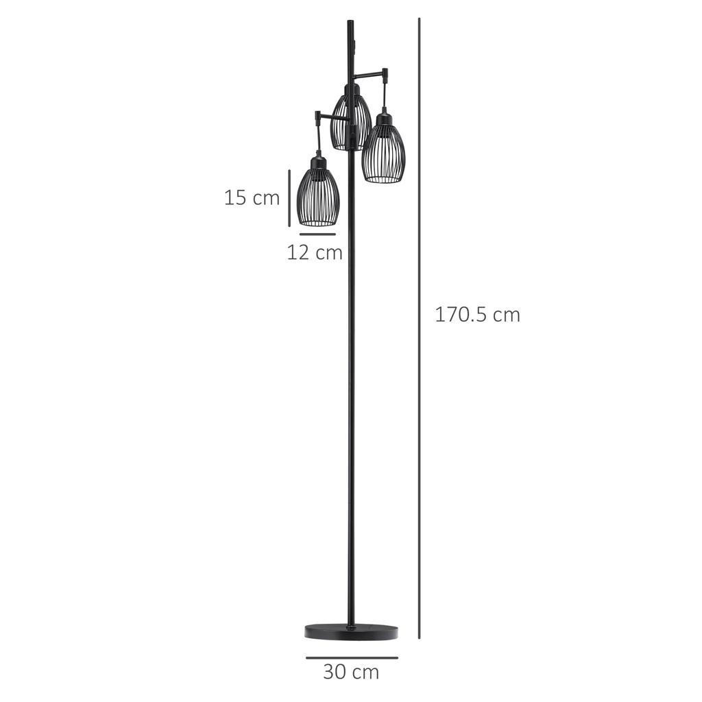 3-Light Floor Lamp, 170cm Industrial Dimmable Standing Lamp with Steel Wire Cage Lampshades for Living Room, Bedroom, Dining Room, Study