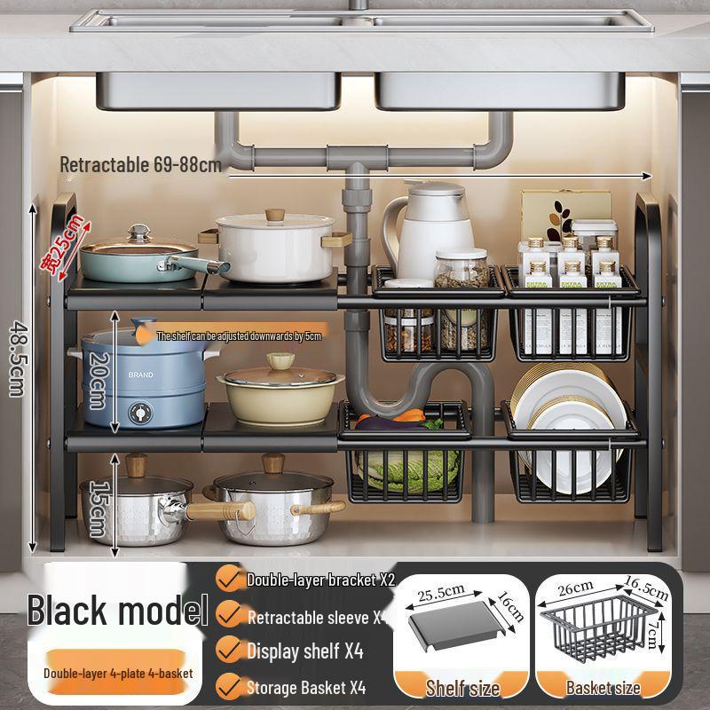 Retractable Under Sink Kitchen Organizer and Multifunctional Dish & Pot Rack