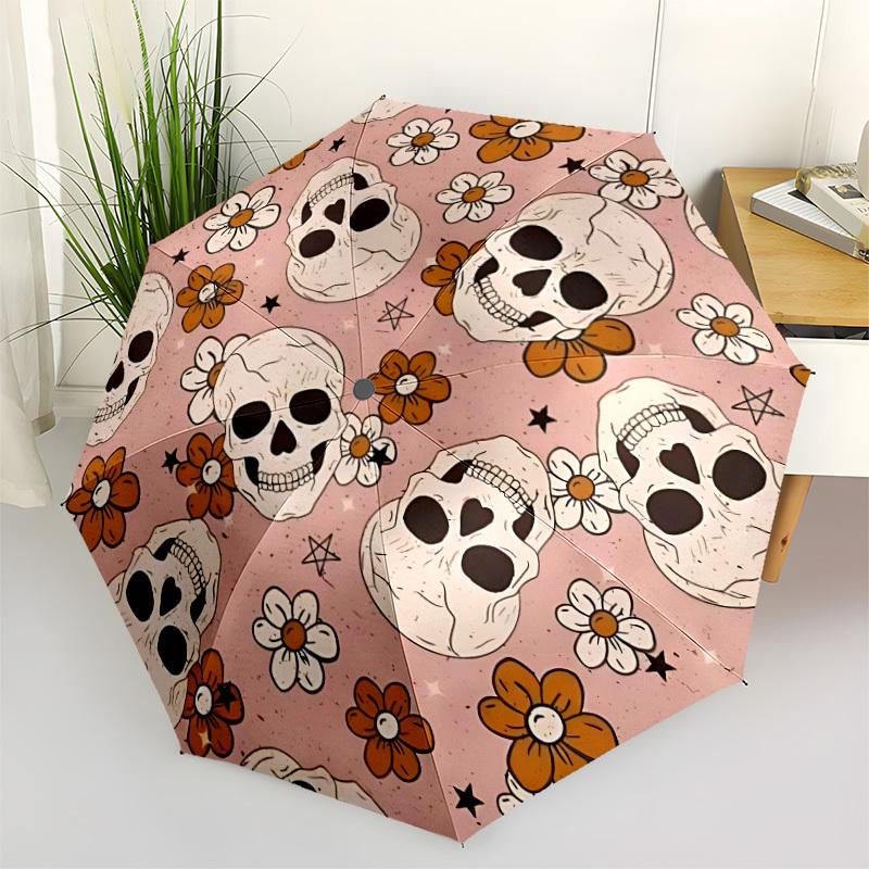 

1pc Skull Flower Print Automatic Folding Umbrella - Portable Collapsible Design, 8-Rib Iron Frame, Durable Fabric yy251125084