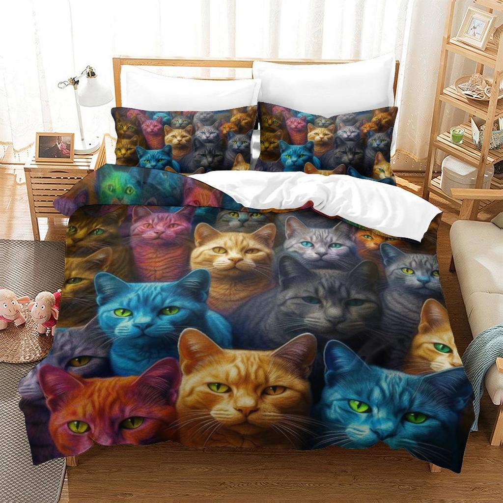 Colorful Cat 3D Digital Printing Polyester Quilt Cover Two Or Three Pieces Can Be