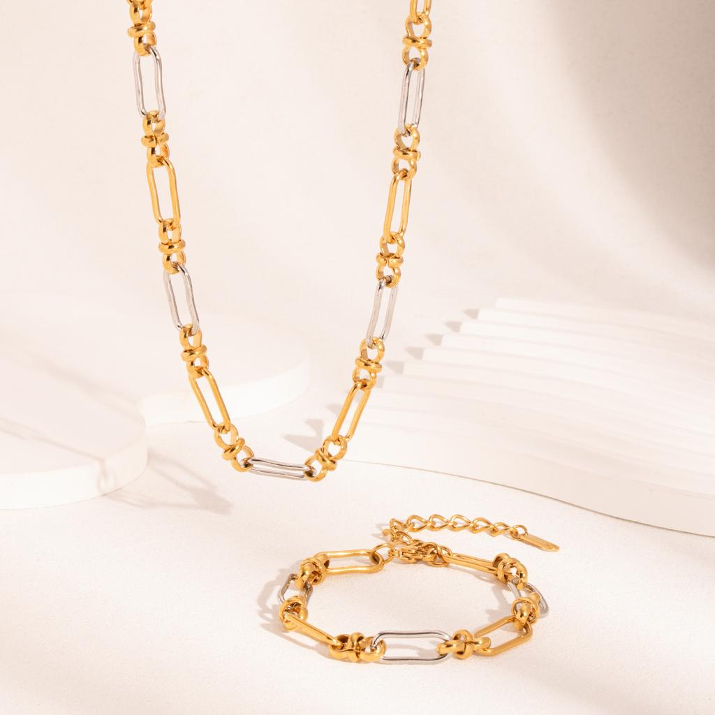  Simple Gold Silver Mix Color Necklace Bracelet Set Simple Metal Texture Unusual for Women Summer Waterproof Charm Jewelry