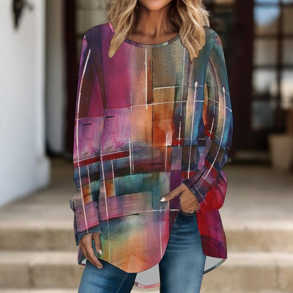 Women Long Sleeve Tunic Top Print Crew Neck Loose Fit Blouse With Pockets Casual Daily Wear Ladies Tops