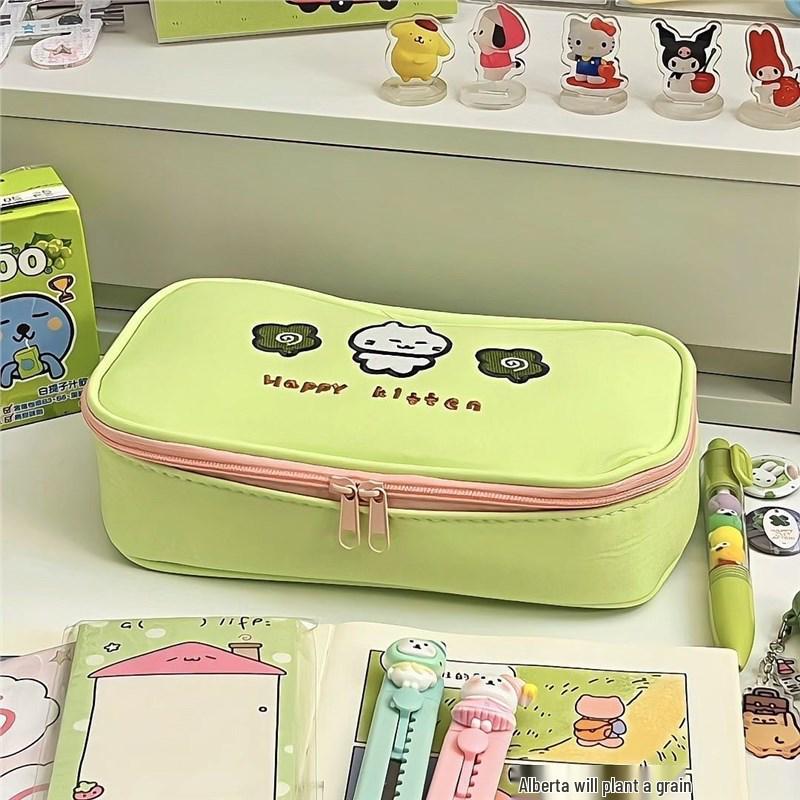 

Xiaohongshu-Inspired Four-Leaf Clover Cat Pencil Case - High-Value Solid Color Mori Style for Students Grass Green Kitten Pencil Bag