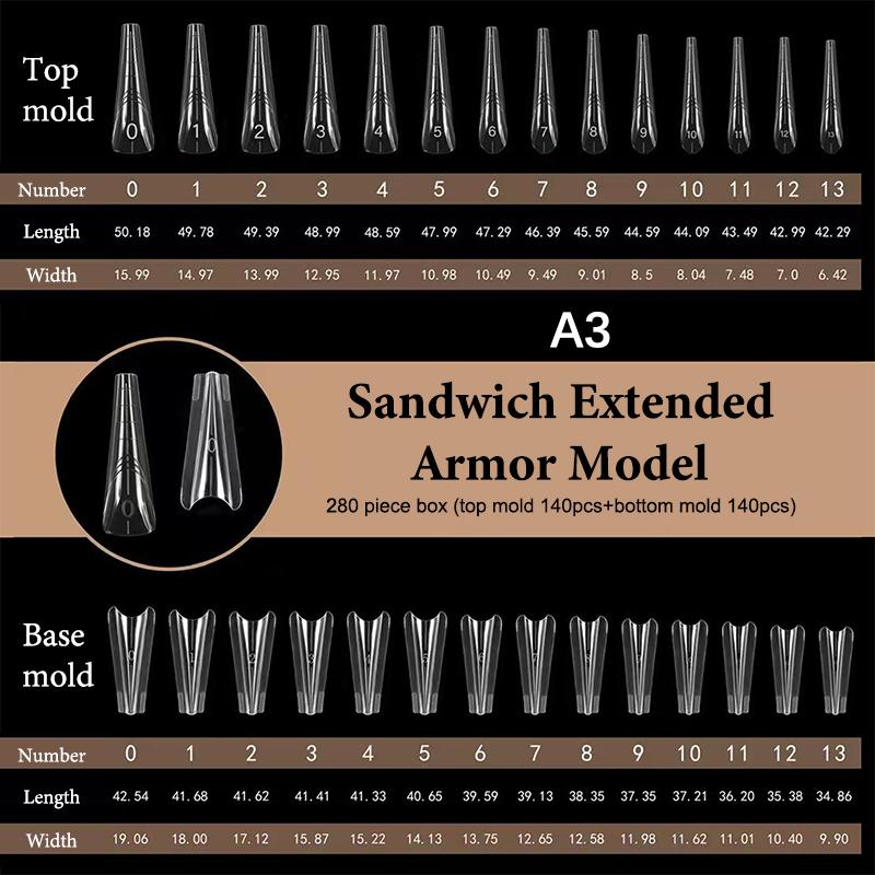 280pcs Sandwich Dual Forms Nail Extension Upper Mold Coffin Almond Acrylic Top Bottom Molds 14 Sizes Nail Forms