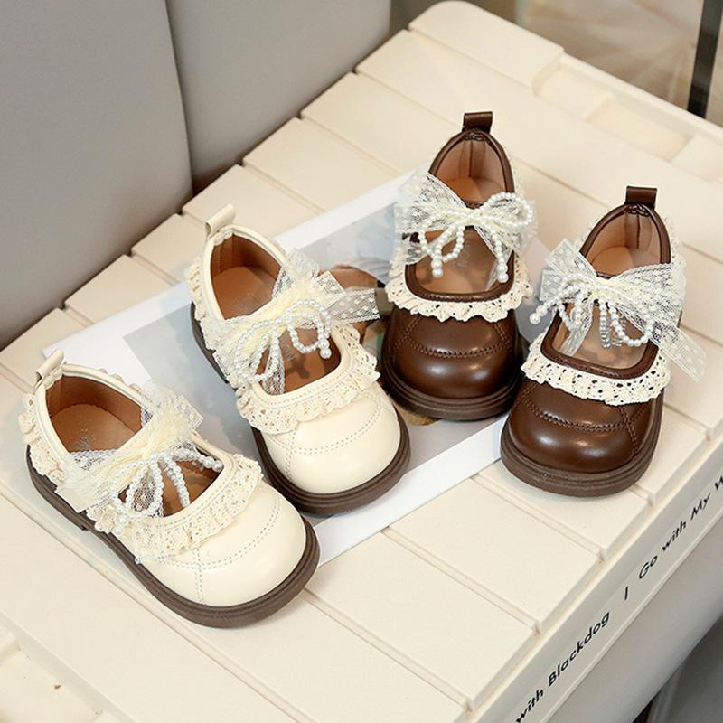 Girls' Lace Bow Leather Shoes - Spring & Autumn Korean Style Princess Performance Shoes with Pearls