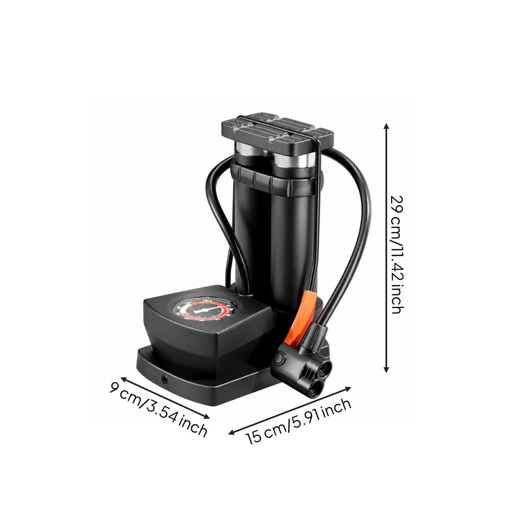 Compact Bike Foot Pump | Wide Non-Slip Pedal, Double Cylinder Pump,