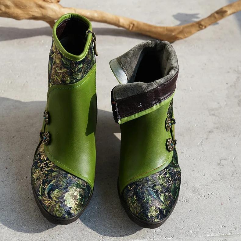 Johnature Retro Genuine Leather Patchwork Jacquard Fabric High-heeled Women's Short Boots
