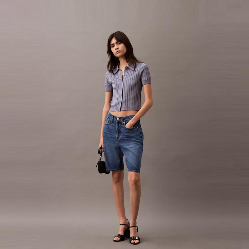 Calvin Klein Casual Striped Texture Polo Short Sleeve Knit Top Women tops Dark-Blue 47AB304-RLW