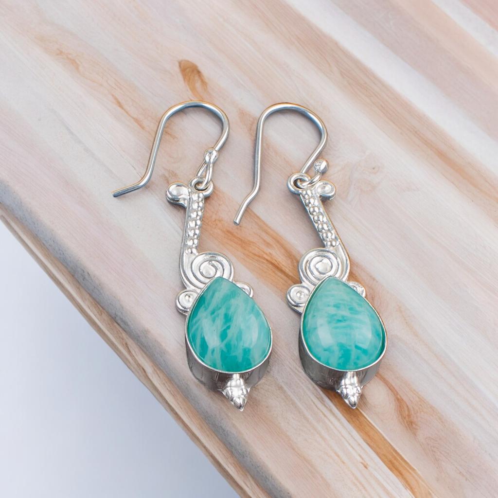 Natural Amazonite Gemstone 925 Sterling Sivler Handmade Jewelry Earrings For Mom EE-37-23