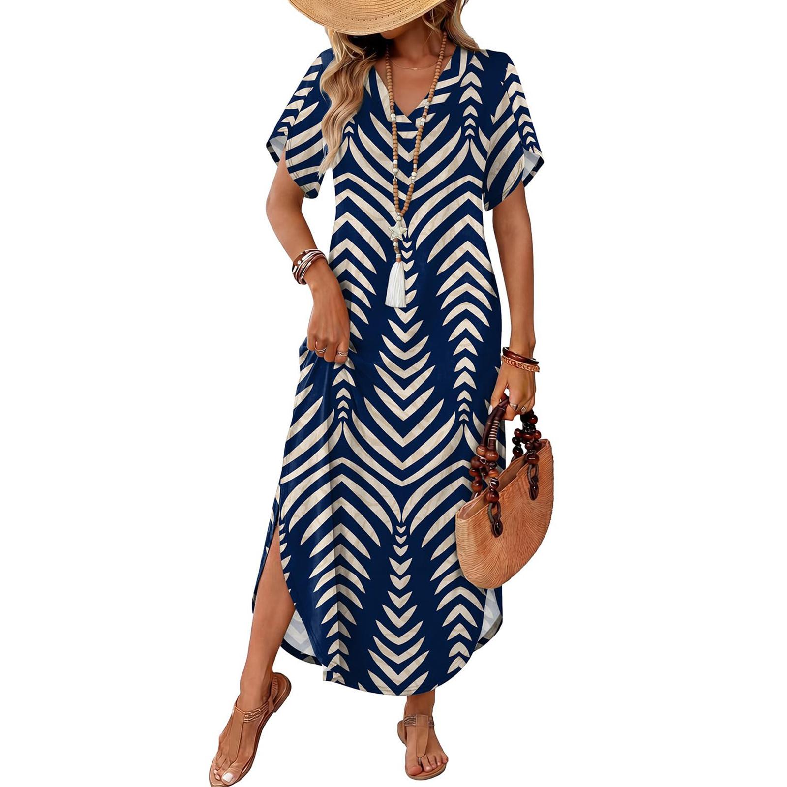 Women Casual V Neck Short Sleeve Side Split Beach Dress Loose Fit Summer Midi Dress Lightweight Flowy Design M