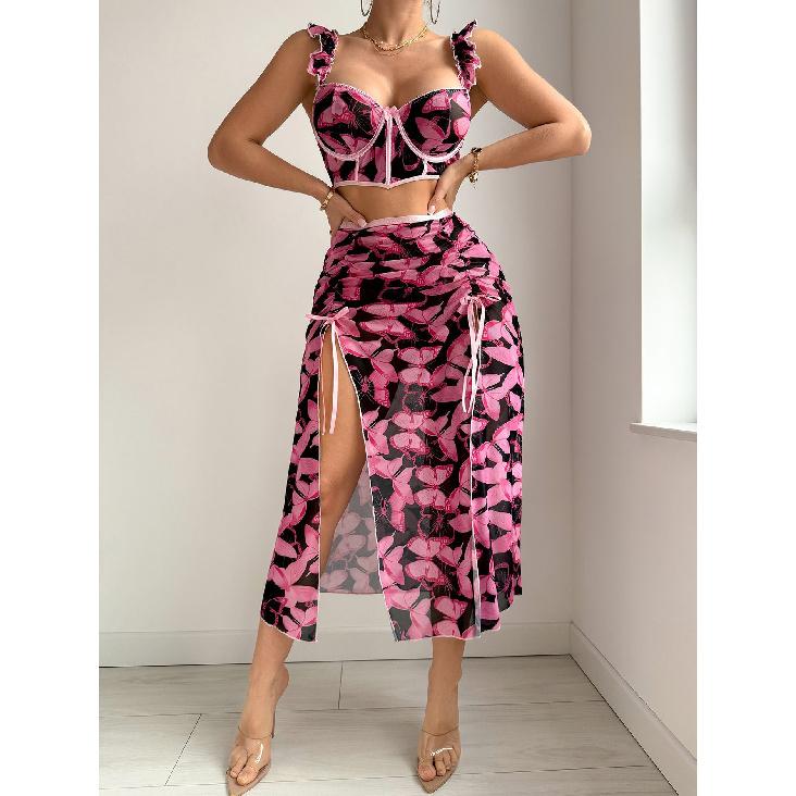 Women Sexy Exotic Sets Sheer Mesh Lingerie Set See Through Ruffle Strap Corset Crop Top Drawstring Split Midi Skirt Nightwear