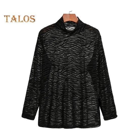 

Осенне-весенний мужской топ из прозрачной сетки с принтом зебровой текстуры, тонкая эластичная рубашка с высоким воротником и длинными рукавами для клубной вечеринки S чёрный