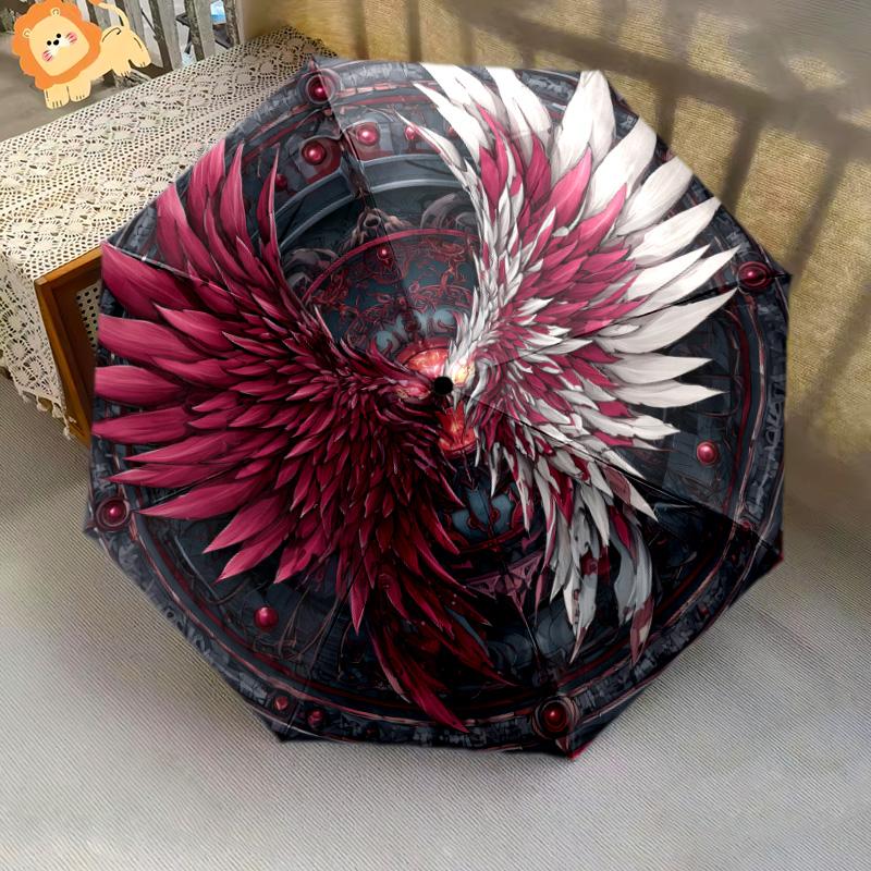 Feather Wings pattern, automatic folding umbrella, portable and foldable design, 8 ribs, a Christmas or birthday gift.