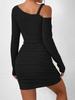 European & American Black Asymmetrical Off-Shoulder Knit Bodycon Dress with Long Sleeves