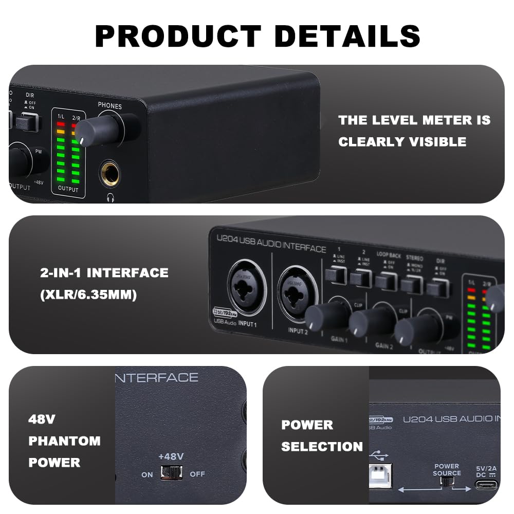 BOMGE U204 USB Audio Interface for PC Computer Music Recording, 2x2 Guitar Audio Interface for Mac, 32-bit/192kHz, Podcast Streaming, Vocalist/Produce