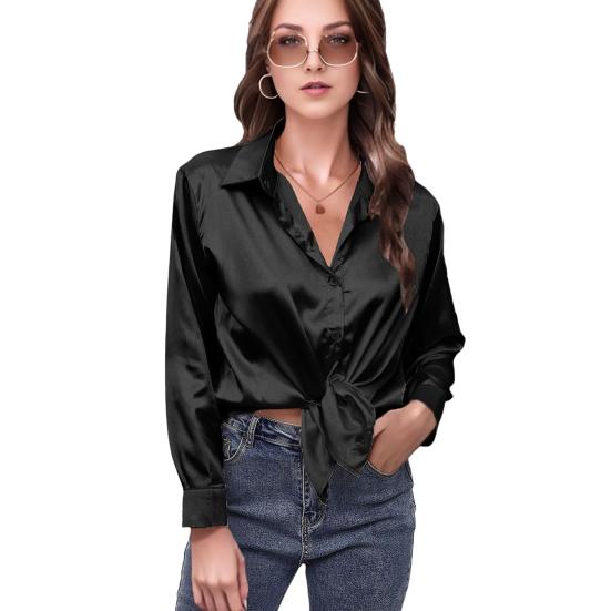 Women Shirt Lapel Long Sleeve Smooth Satin Shirt Tops Solid Color Loose Fit Casual Shirt Office Lady Shirt Daily Wear