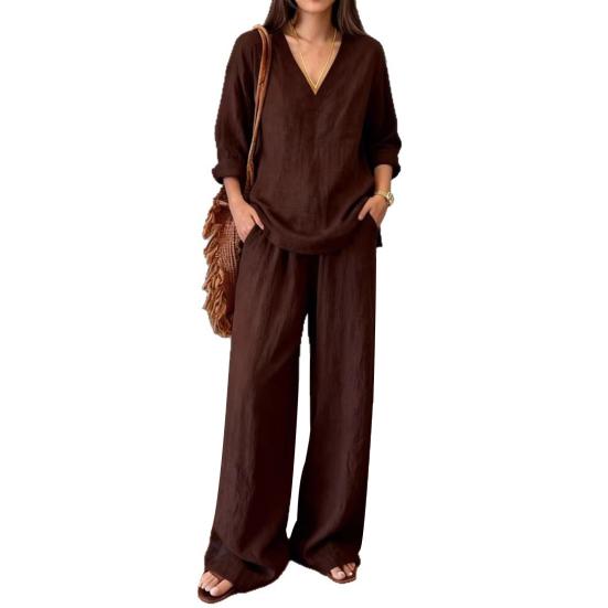 Women Linen 2 Piece Sets Summer Long Sleeve V Neck Shirts Matching Wide Leg Pants Lounge Sets Casual Beach Vacation Outfits