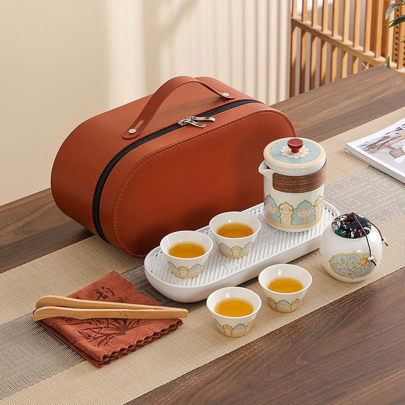 Portable Ceramic Gaiwan Tea Set - Customizable Chinese Style for Outdoor Camping, Business Souvenir with Logo.