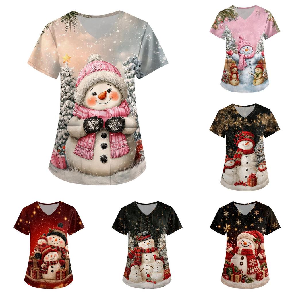 Women's Christmas Print Loose Fit V-Neck Short Sleeve Scrub Top with Pockets for Work