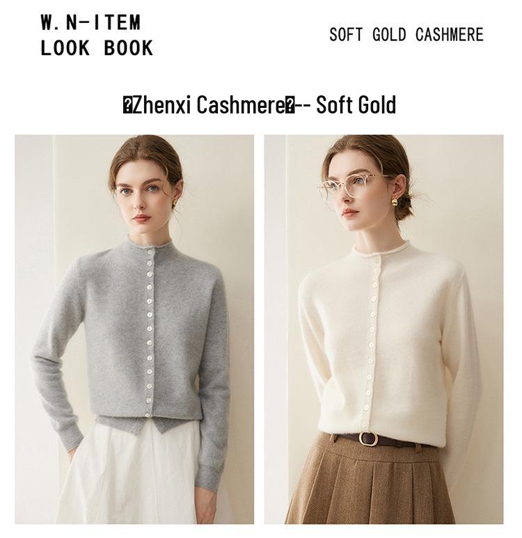 Women's Autumn/Winter 2026 Pure Cashmere Single-Breasted Cardigan - Half-High Neck, Rolled Edge, Gentle Style Base Layer