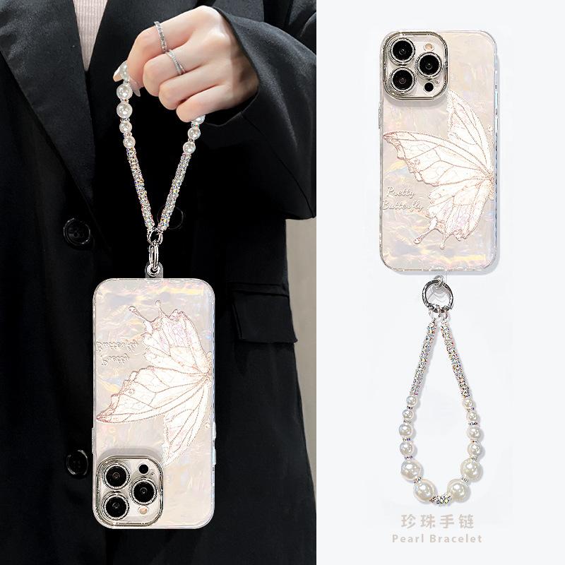 The pink butterfly bracelet is suitable for Apple 17promax mobile phone case iphone16 high-value girls 15 new models 14 outside