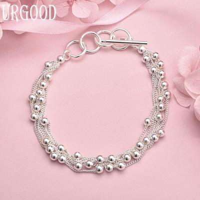 925 Sterling Silver Multi Chain Smooth Bead Bracelet Fashion Wedding Jewelry