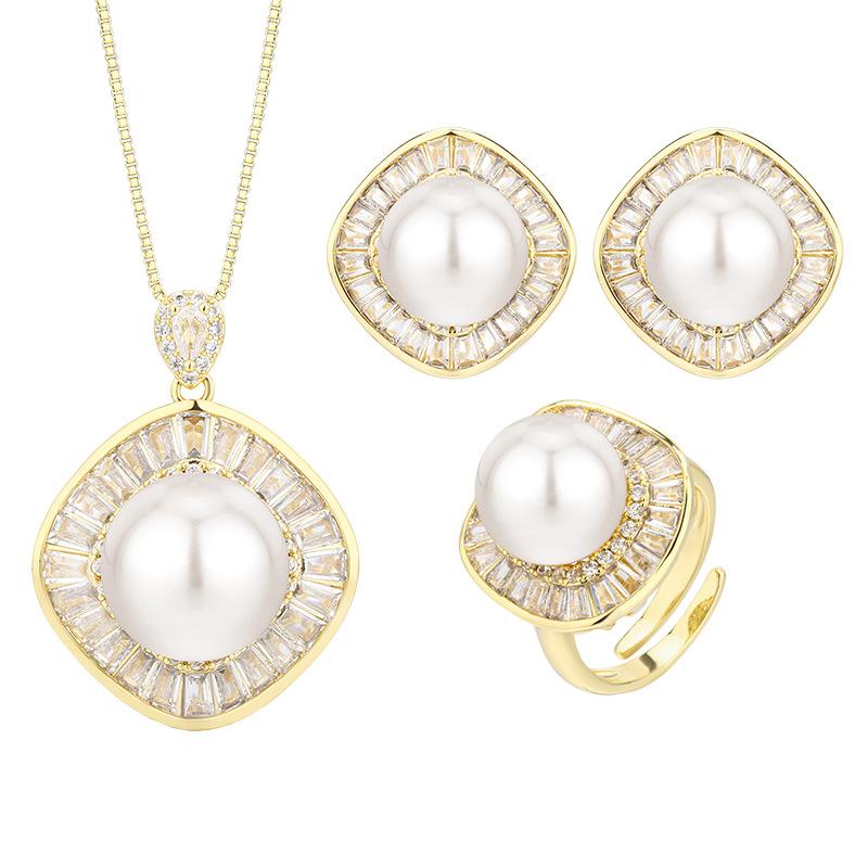 Jewelry Copper Bottom Gold-Plated Inlaid Gold White Pearl Square Temperament Set Women 16-12Mm