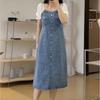 Casual Dress Large Size Women's Retro Square Neck Splicing Denim Mid-length Dress