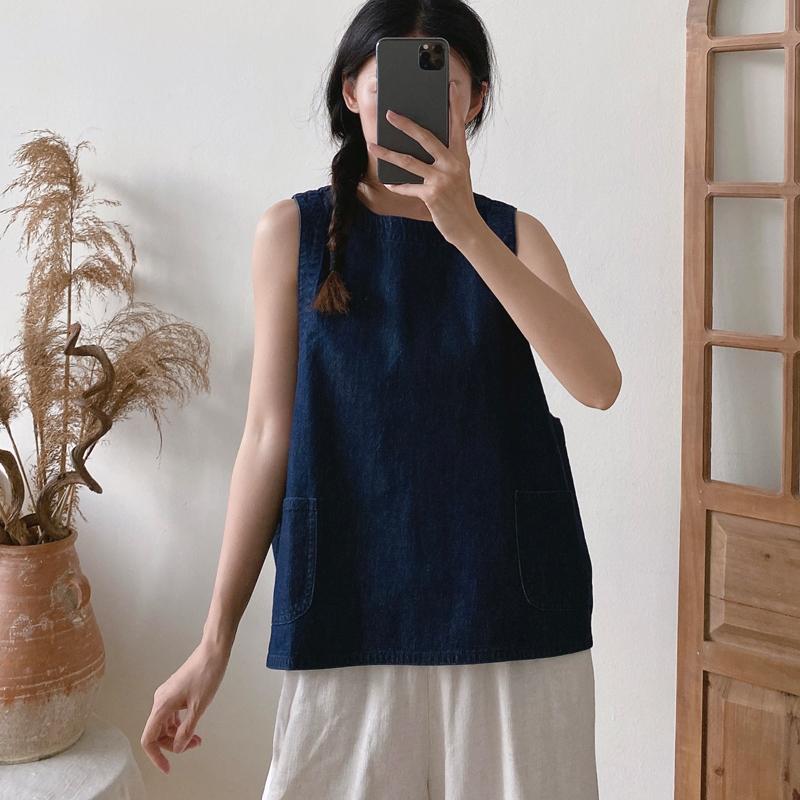 Johnature Ärmellose All-Match-Westen Sommer Casual Einfache lose Taschen O-Ausschnitt Damen Tops