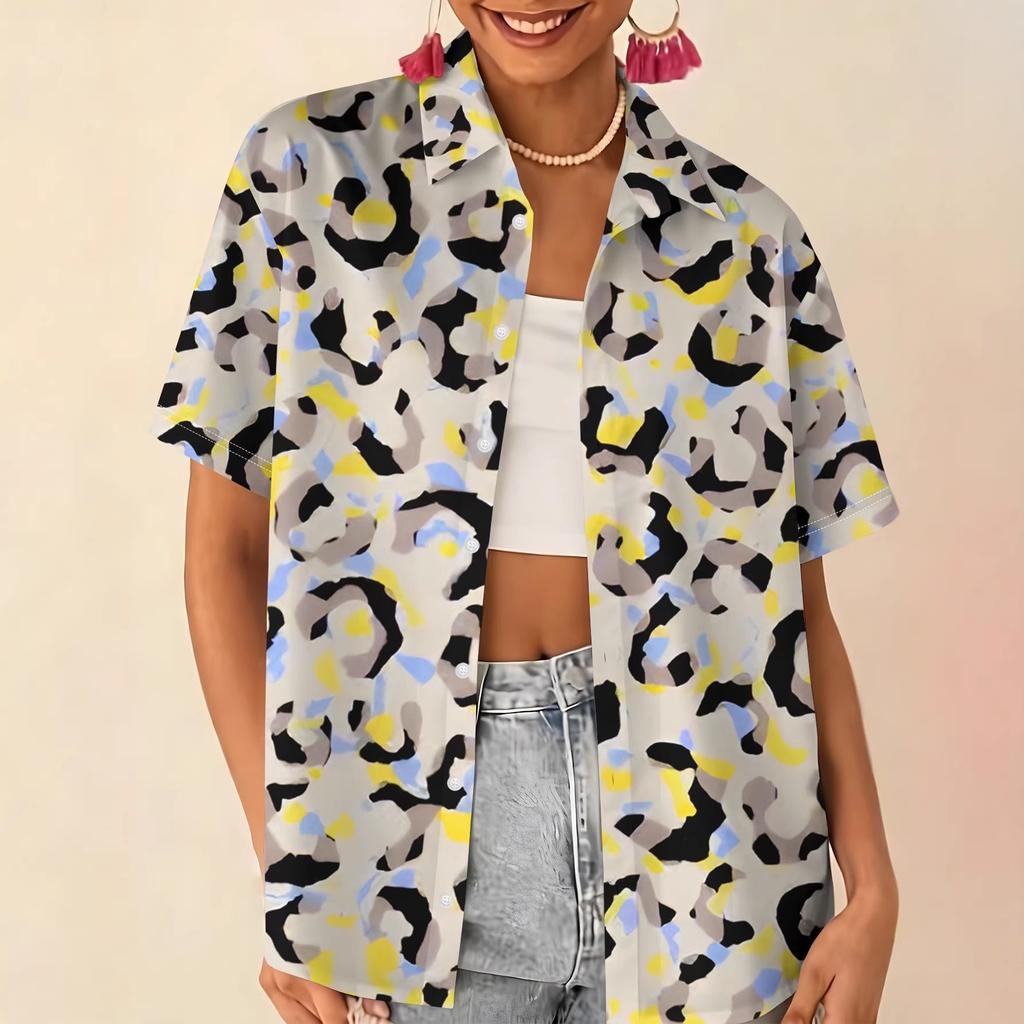 Love printed short-sleeved shirt women's summer loose casual lapel shirt retro niche top