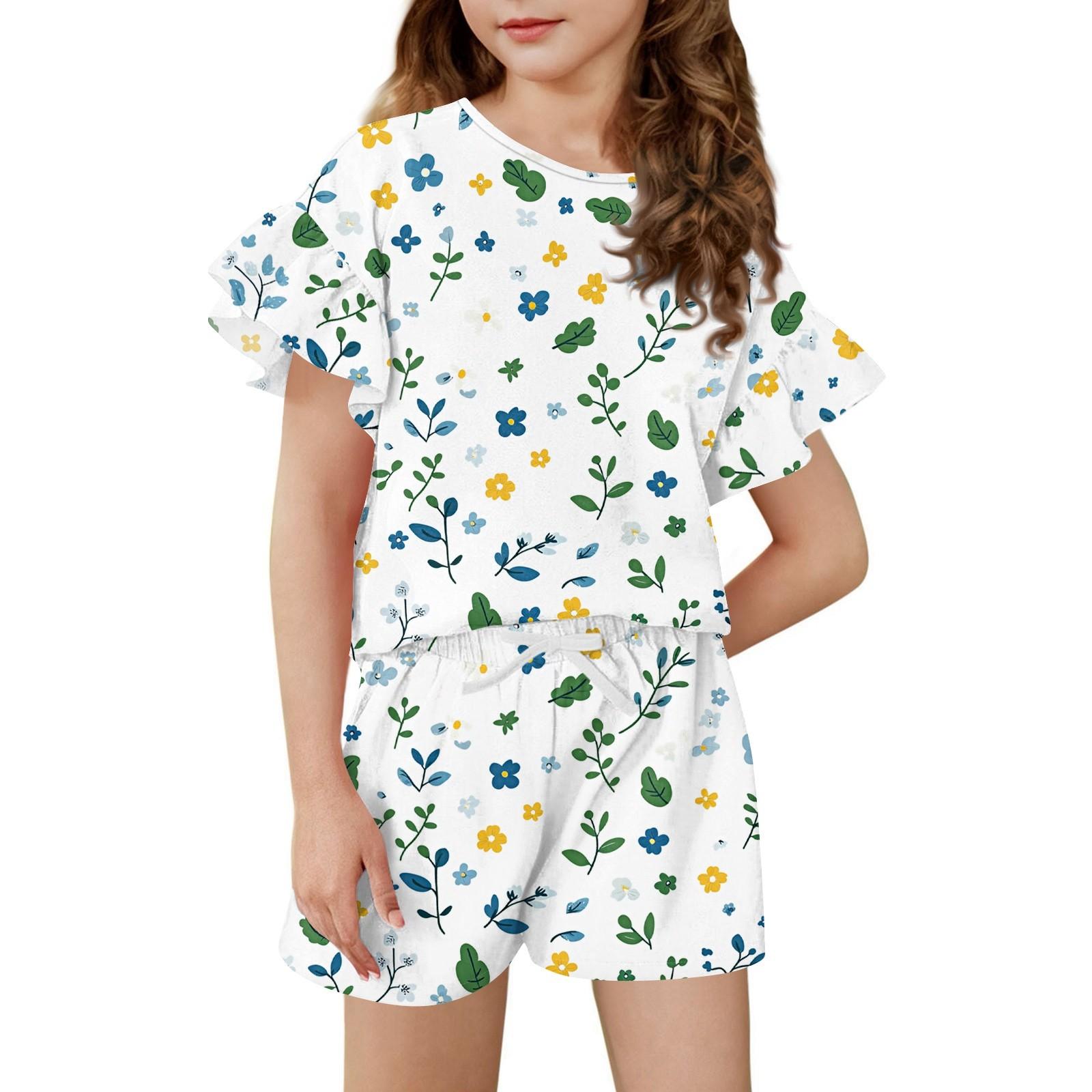

Girls Summer Outfit Ruffle Sleeve Top And Shorts Clothing Set Lightweight Casual Two Piece 170