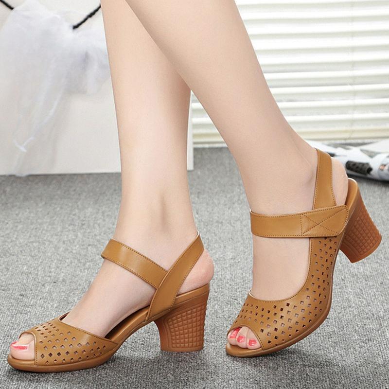 

Summer Mother Shoes Mid-heel Thick-heeled Hollow Women s Sandals Velcro Retro Simple Fish Mouth Sandals 41 жовтий