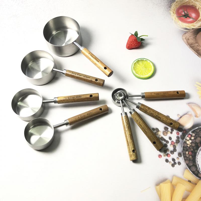 Stainless Steel Measuring Cup Measuring Spoon Baking Utensils with Graduated Measuring Cup Measuring Spoon Acacia Wooden Handle