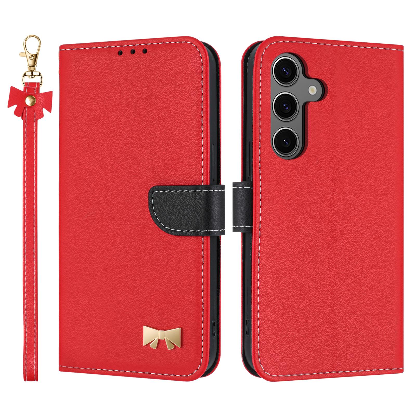

For Samsung Galaxy S25/S24 Case Bowknot Decor Wallet Leather Phone Cover with Wrist Strap Red