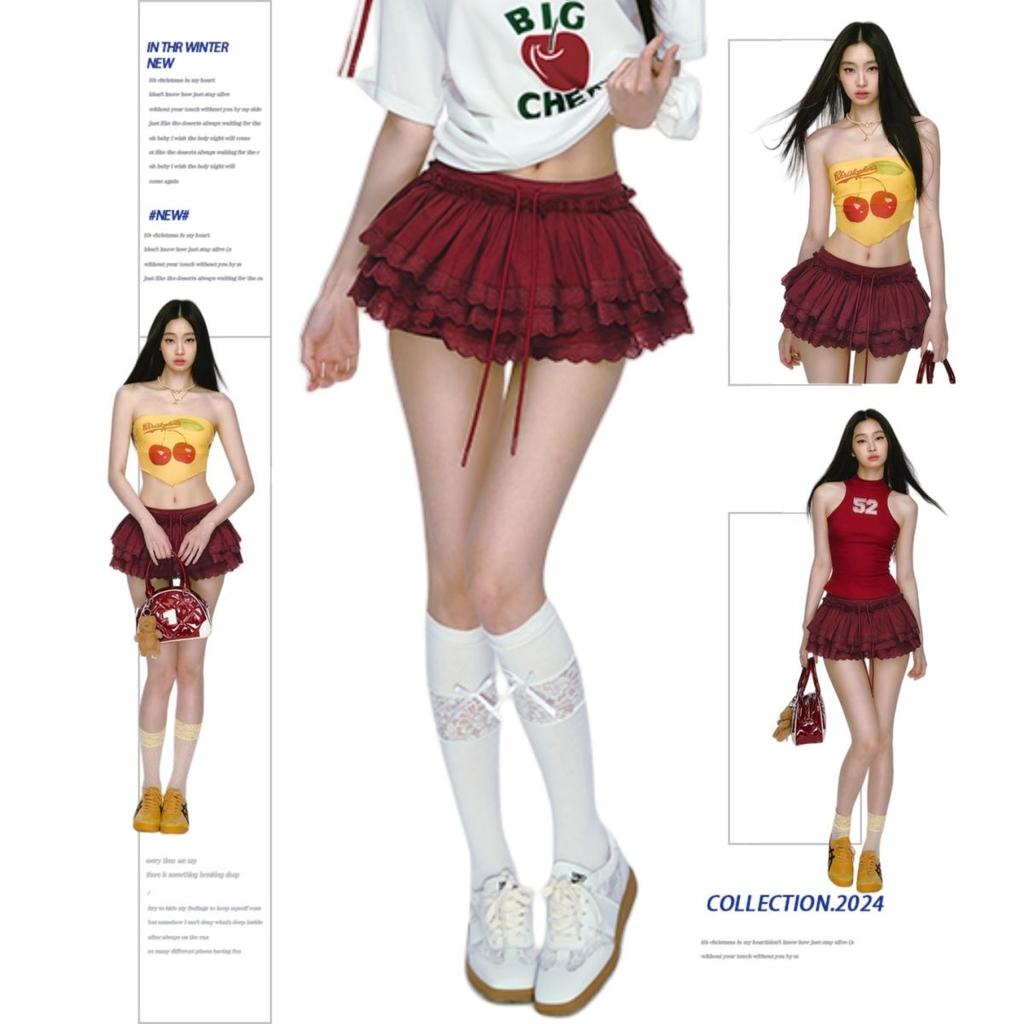 Ballet Girl-style Burgundy Cake Skirt Lace Spliced Half-body New Puffy Miniskirt Pants