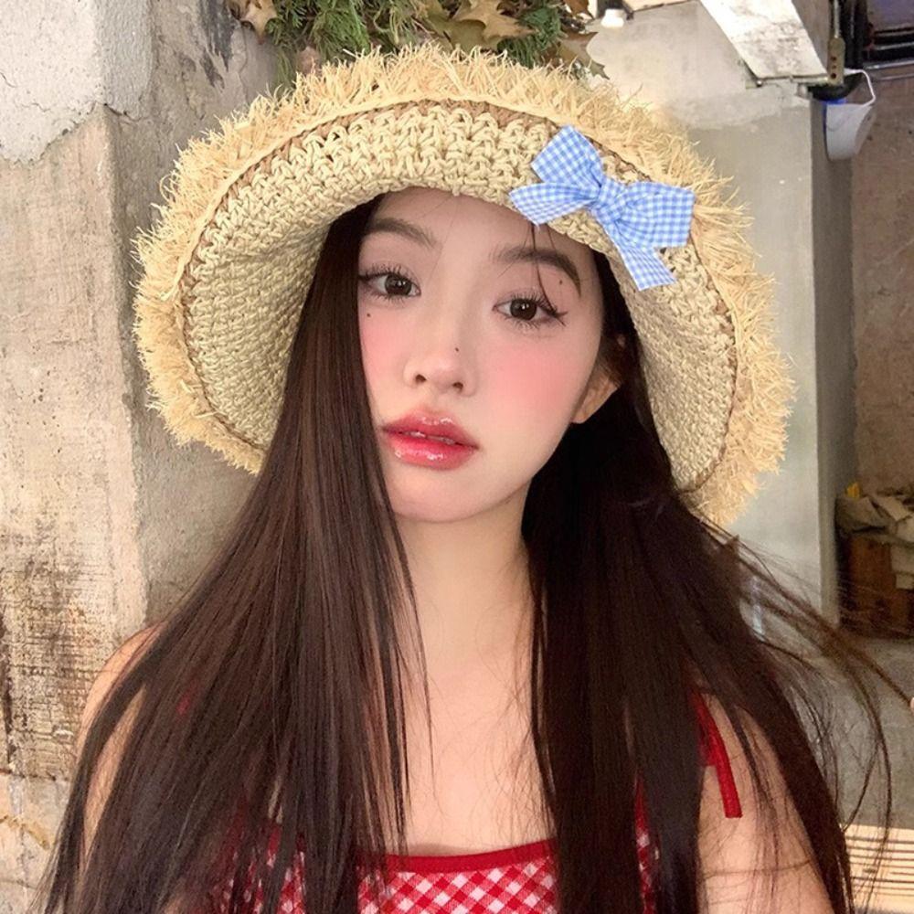 Breathable Big Bowknot Sun Hat Elegant Lace Brim Sunshade Cap Casual Woman's Straw Hat  Travel