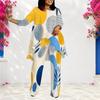 Women Plus Size Round Neck Long Sleeve Striped Printed Layered Top Long Pants Two Piece Set