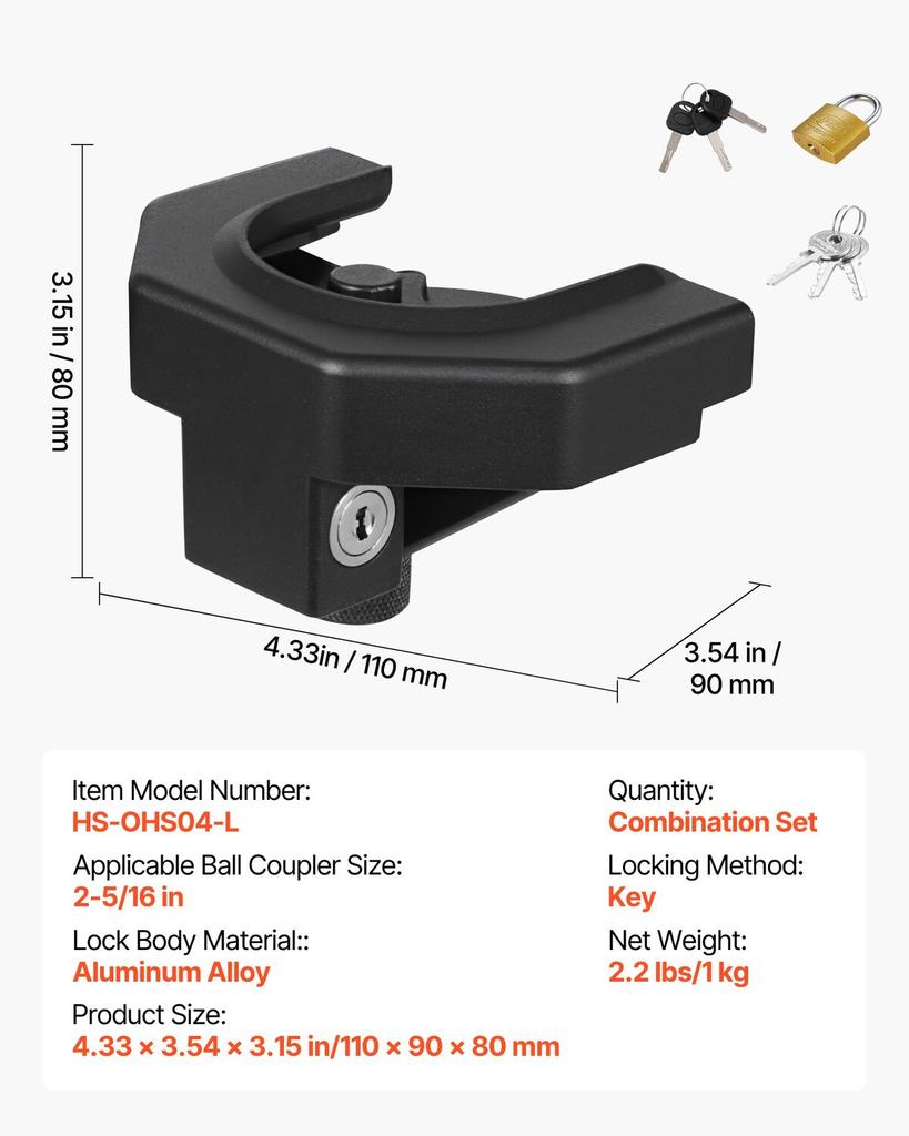 Trailer Hitch Lock Kit, Compatible with 58.7 mm Couplers, Heavy-Duty Anti-Theft Trailer Ball Lock with 3 Keys & Padlock, Prying-Resistant &