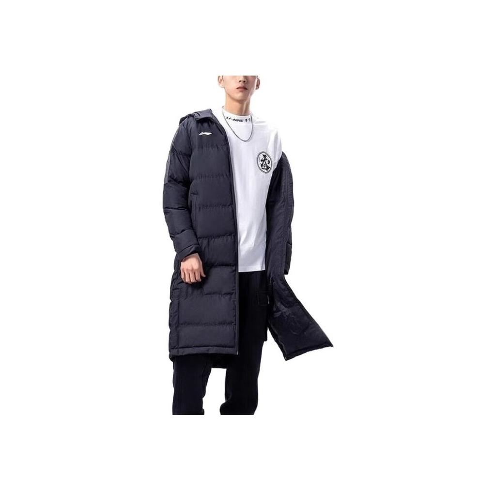 Li Ning Casual Sports Solid Color Zipper Hooded Mid-Length Long Sleeve Cotton Jacket Men Jacket Black YFMT005-1