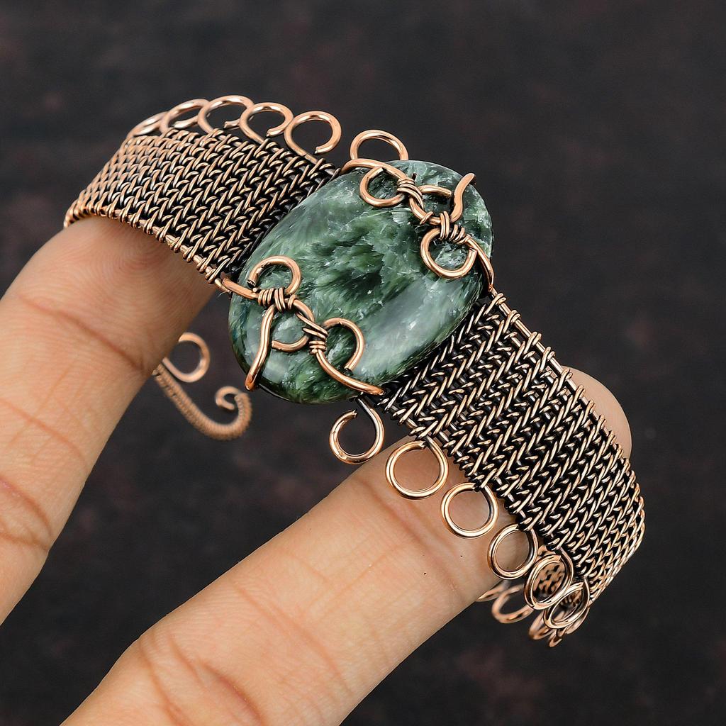 Seraphinite Cuff Bracelet Copper Wire Wrapped Gemstone Jewelry Handmade Copper Cuff Bracelet Wire Wrap Bangle Gift For Her Adjustable Bangle